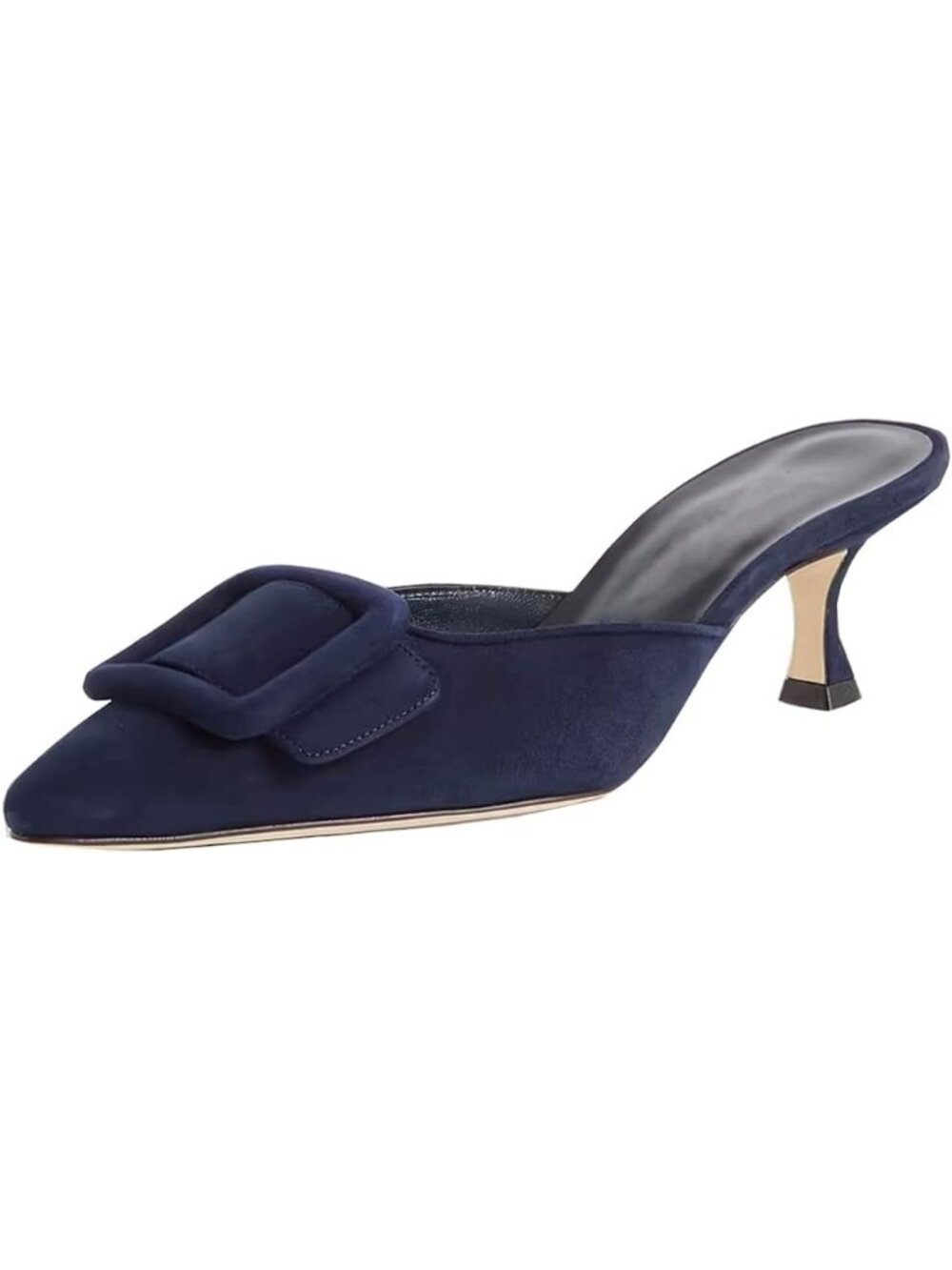 Women's Dark Blue Heeled Mules Pointed Toe Slingback Pumps Buckle Kitten Heels